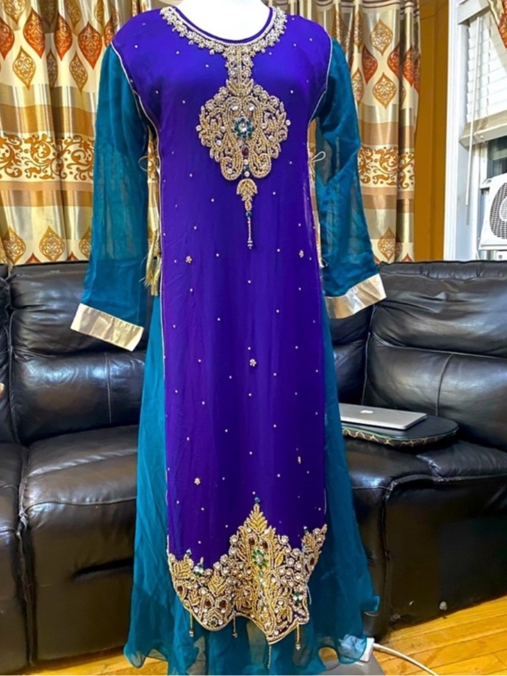 Purple and Blue/Green Indian Pakistani Anarkali Style Dress w\Net Dupatta/pants